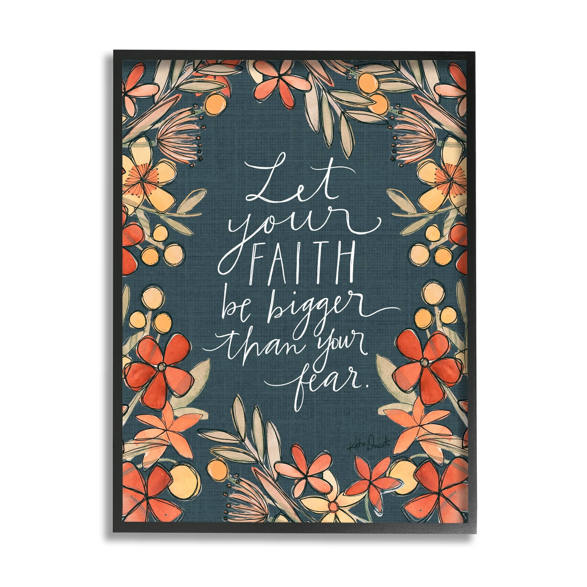 Stupell Industries Faith Over Fear Religious Calligraphy Patterned Floral Border Graphic Art Gray Framed Art Print Wall Art, Design by Katie Doucette