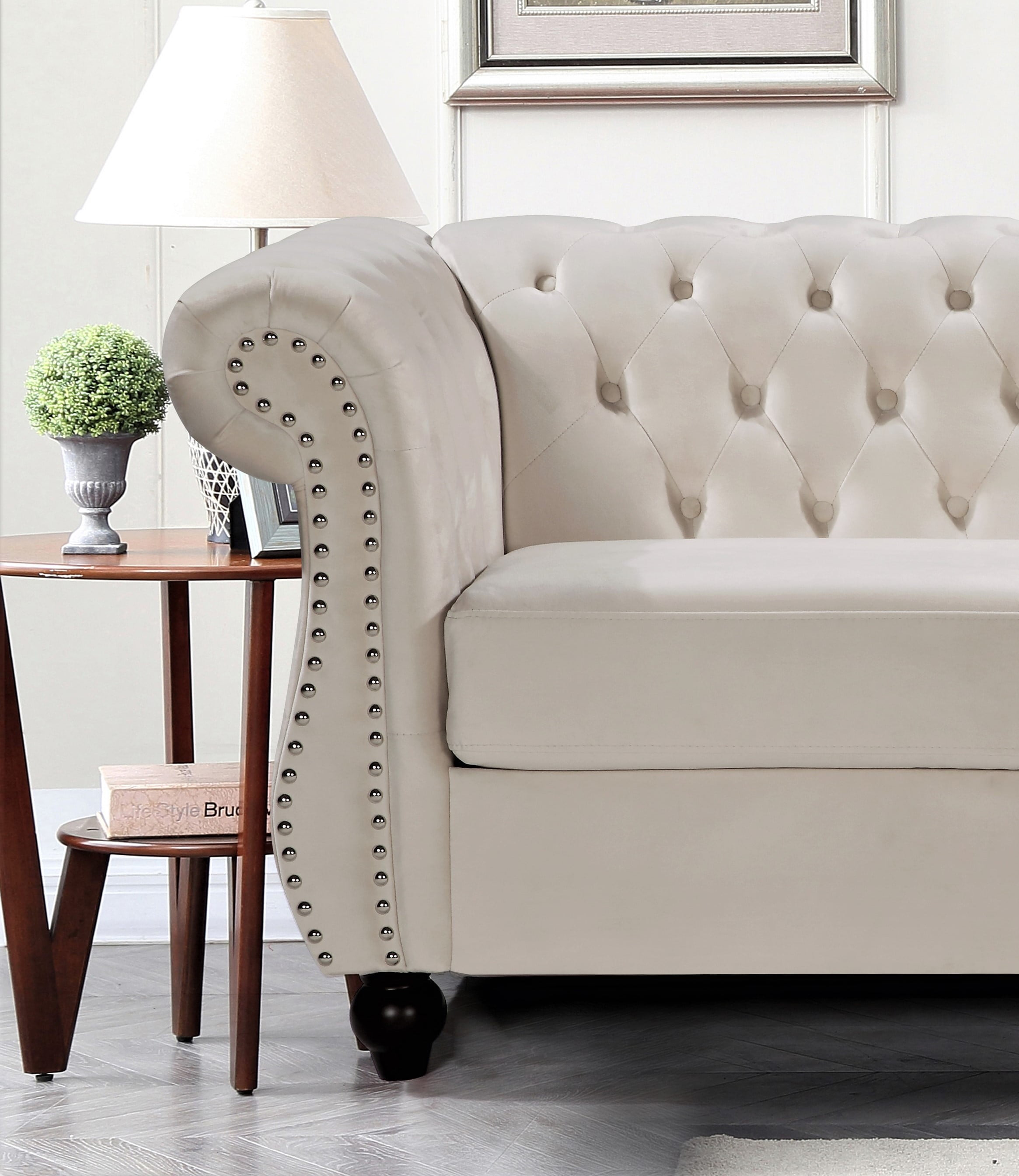 Uspridefurniture Fender 82.6'' Velvet Rolled Arm Sofa,Beige