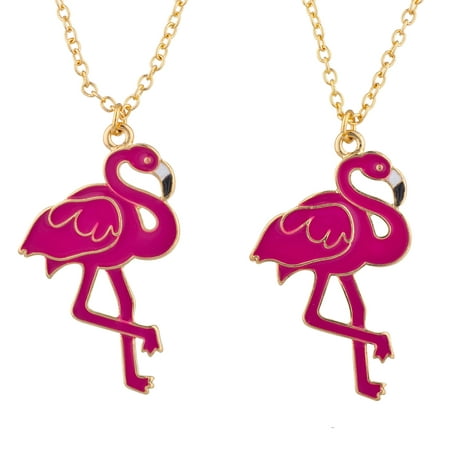 Lux Accessories Gold Tone Pink Enamel Flamingo BFF Best Friends Necklace Set (Best Friends Pinky Promise)