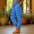 thumbnail image 6 of Women Linen Pants Summer Casual Gaucho Pants Drawstring Elastic Waist Wide Leg Slacks Loose Fitting Beach Attire Blue M, 6 of 7