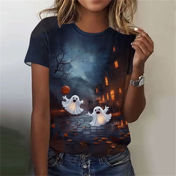 VKOYWKM Womens Halloween Print Tshirts Funny Ghost Graphic Tees Fall Crew Neck Loose Fit Halloween T-Shirts Short Sleeve Spooky Tops