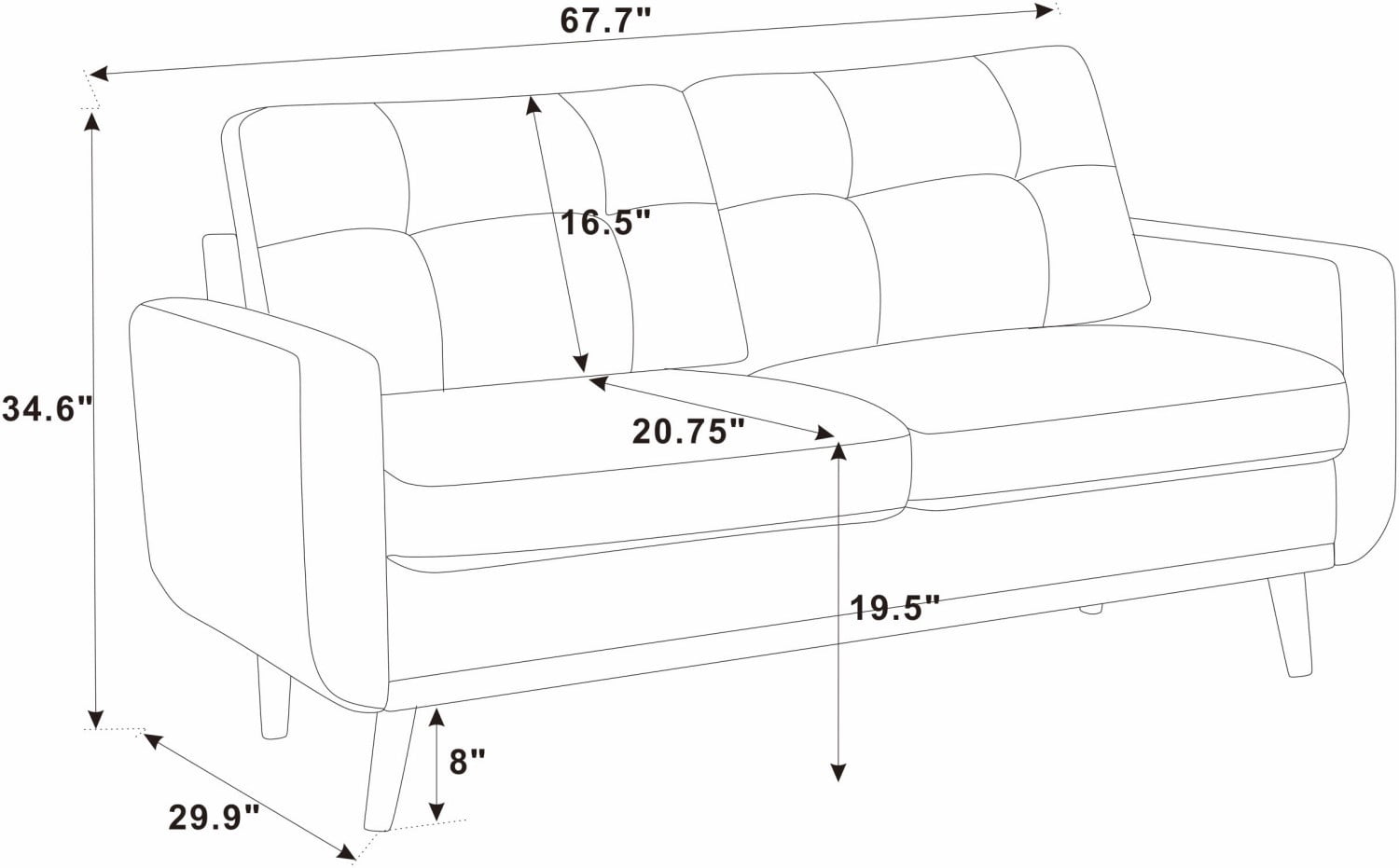 67.7" Mid-Century Modern Tufted Loveseat Sofa Upholstered 2 Seater Couch with Wooden Legs, Retro Contemporary Sofa for Living Room Lounge, Camel