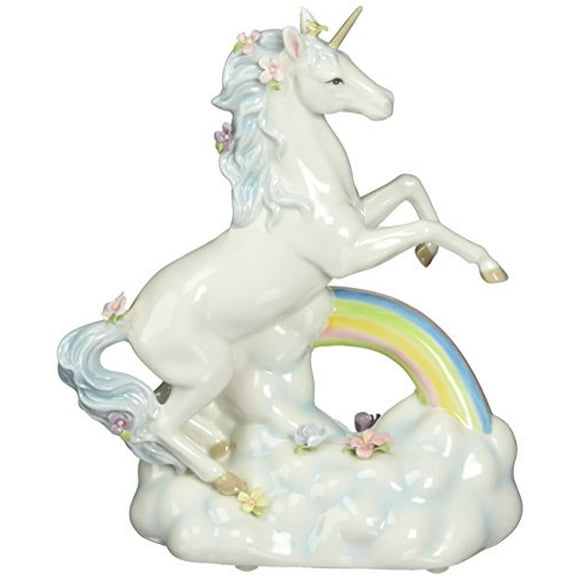 CG 80118 White Unicorn with Blue Mane Above Rainbow and Clouds Music Box