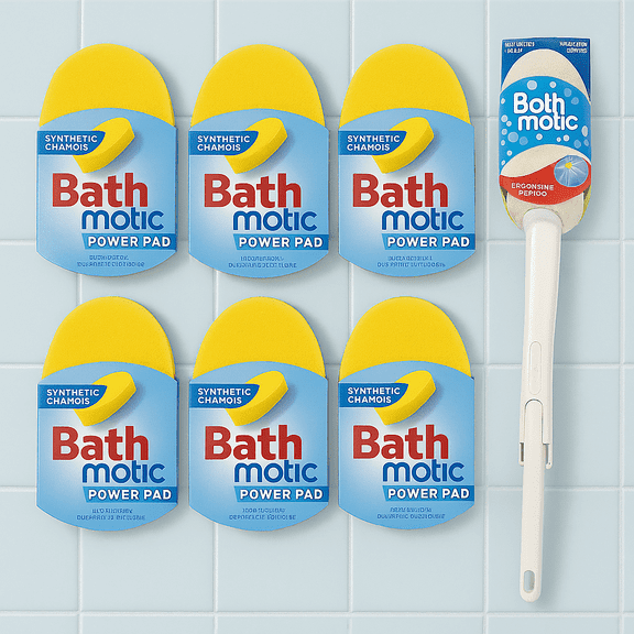 Bathmatic Power Pad Duo Sponges with Handle – Set of 6 Replacement Pads   1 Power Handle, Dual-Surface Bathroom Cleaning for Non-Scratch Scrubbing & Synthetic Chamois Polishing