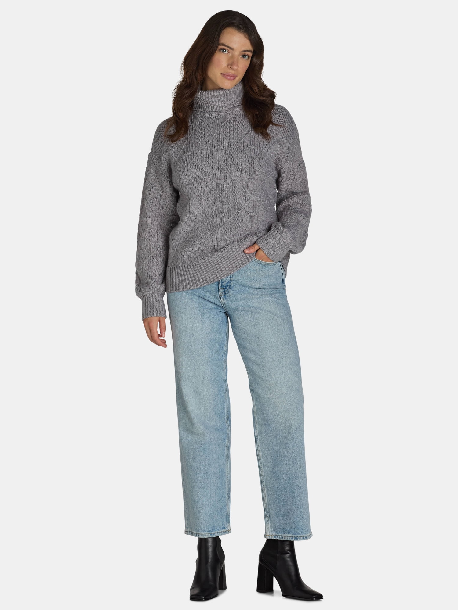 Time and Tru Women's Plus Bobble Knit Turtleneck Sweater, Midweight, Sizes 1X-4X