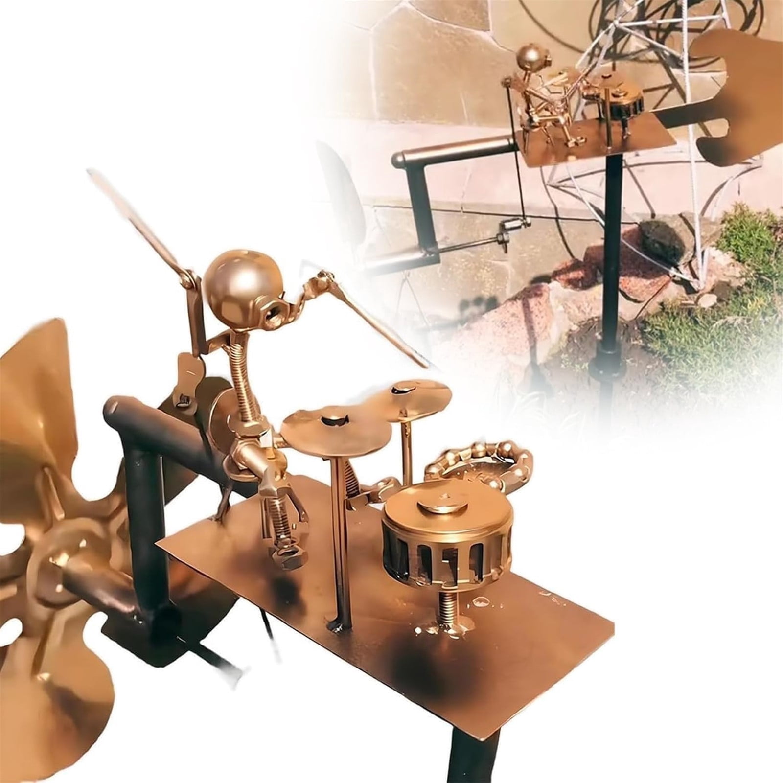 Cthrlog Drummer Windmill Metal Sculpture, Wind-Powered Spinning Kinetic Art, Creative Garden Decoration for Outdoor Patio and Yard, Handmade Iron Weatherproof, Ships Separately with English Manual
