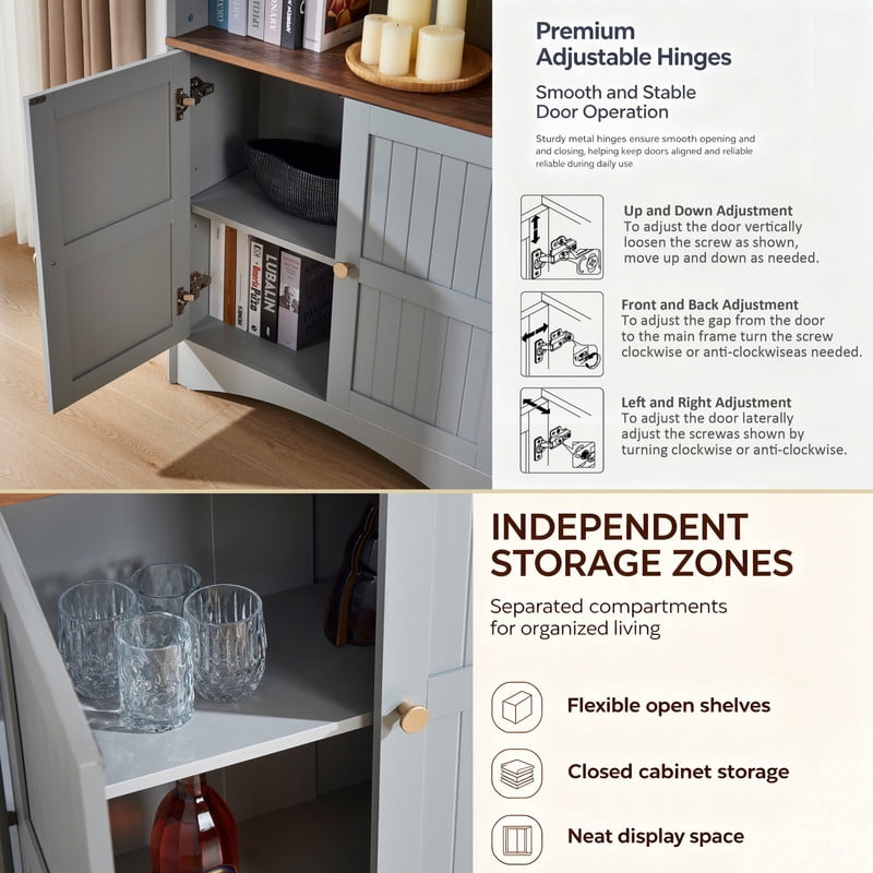 Arched Bar Wine Storage Liquor Cabinet with Removable Wine Grid, Freestanding Bookcase with Adjustable Shelves