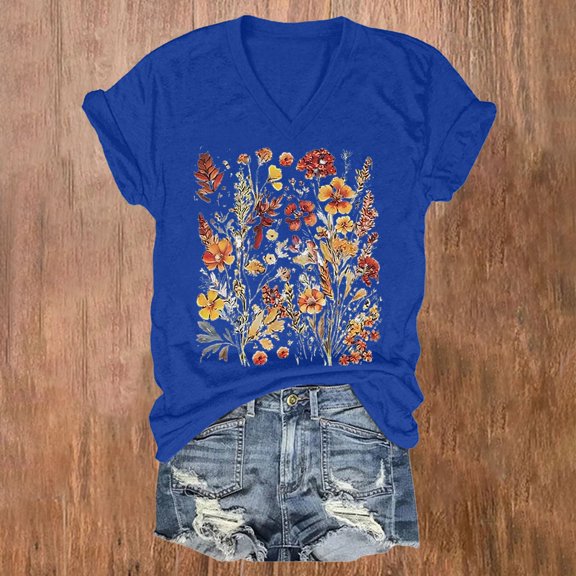 XMHJSMD Casual V Neck Graphic Tees for Women Summer Cute Short Sleeve Holiday Family T Shirt Tops(Blue,S)