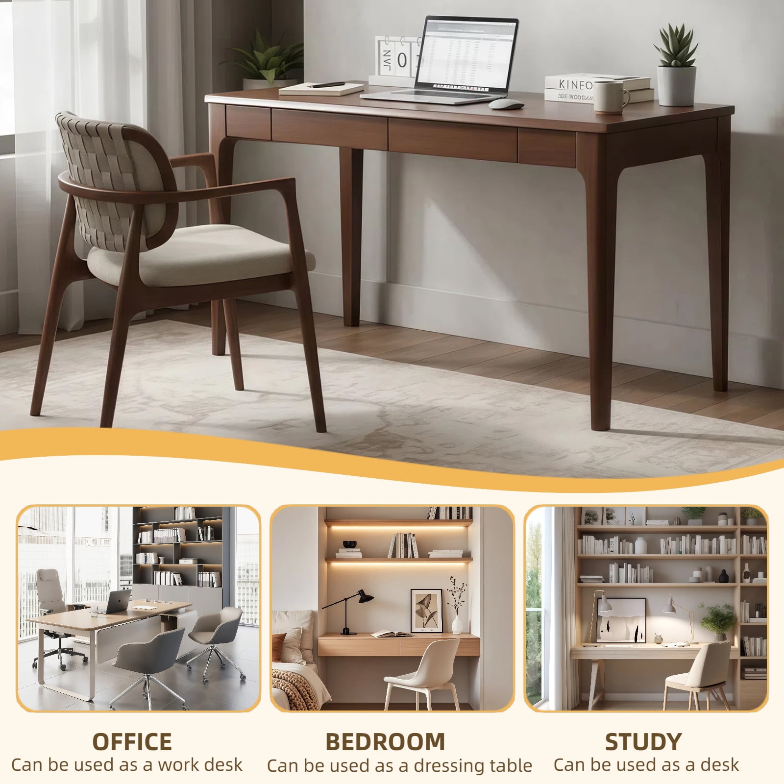 Solid Wood Desk with Drawers, Standing Desk with Smooth Edges, Home Office Desk for Small Spaces, Mid Century Modern Desk for Study, Bedroom, Living Room, Office, (Walnut, 47.24''*21.65''*29.53'')