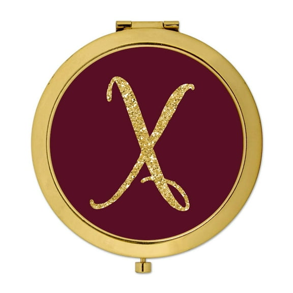Koyal Wholesale Gold Compact Mirror Bridesmaid's Wedding Gift, Burgundy Maroon Jewel Tone , Monogram Letter X, 1-Pack