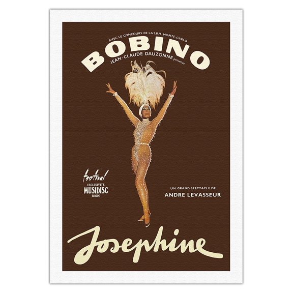 Josephine Baker - African American Entertainer - Bobino Music Hall France - Vintage Theater Poster by Guy Ventouillac c.1975 - Fine Art Rolled Canvas Print 27in x 40in