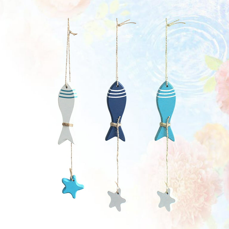 3pcs Mediterranean Style Small Fish String Pendant Fishing Net Accessories  Wooden Fish Hanging Decor for Home Shop (Light Blue, Dark Blue, White Each