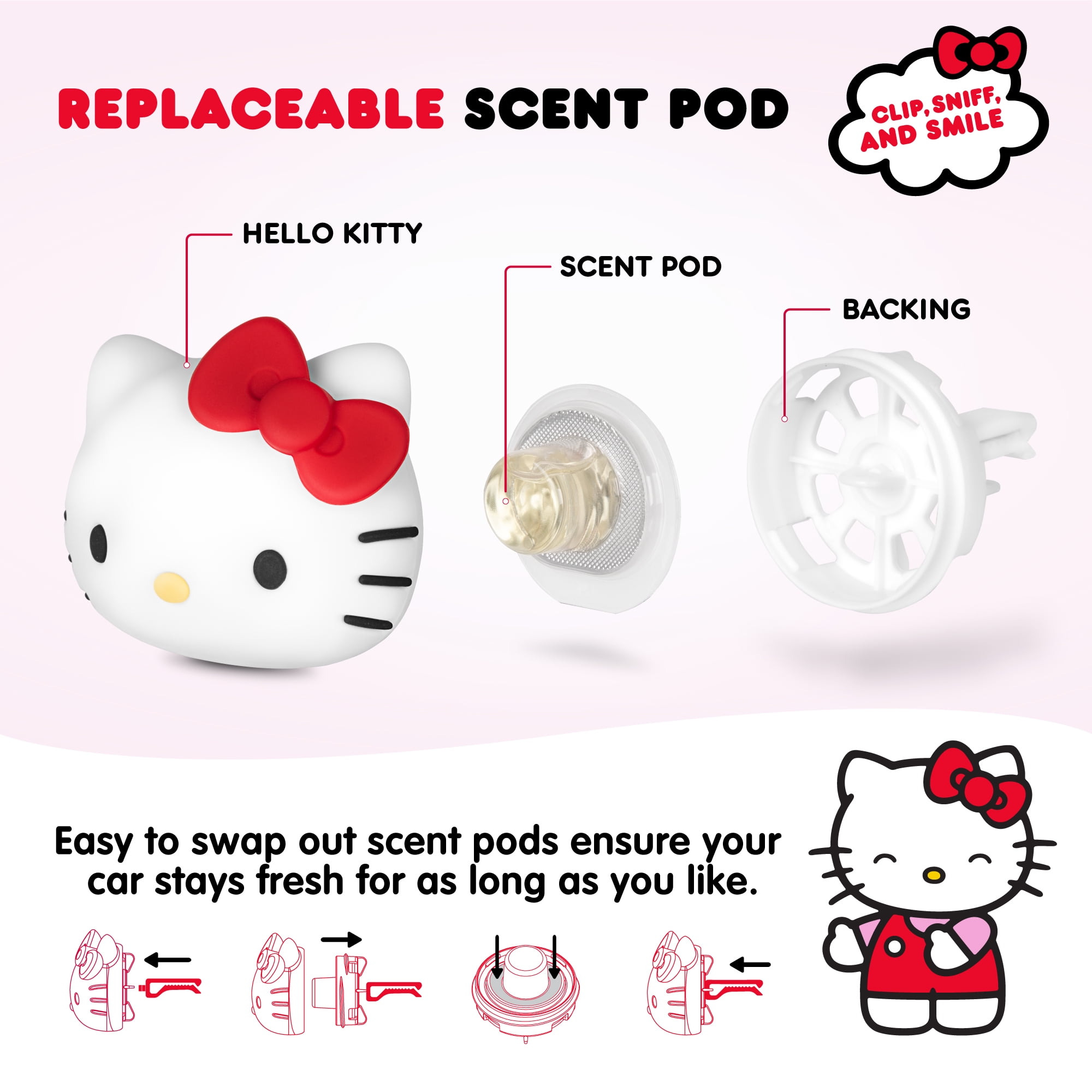 Official Sanrio Hello Kitty Steering Wheel Cover with Easy Clip-on Car Air Freshener, Odor Eliminator, Fun Scents