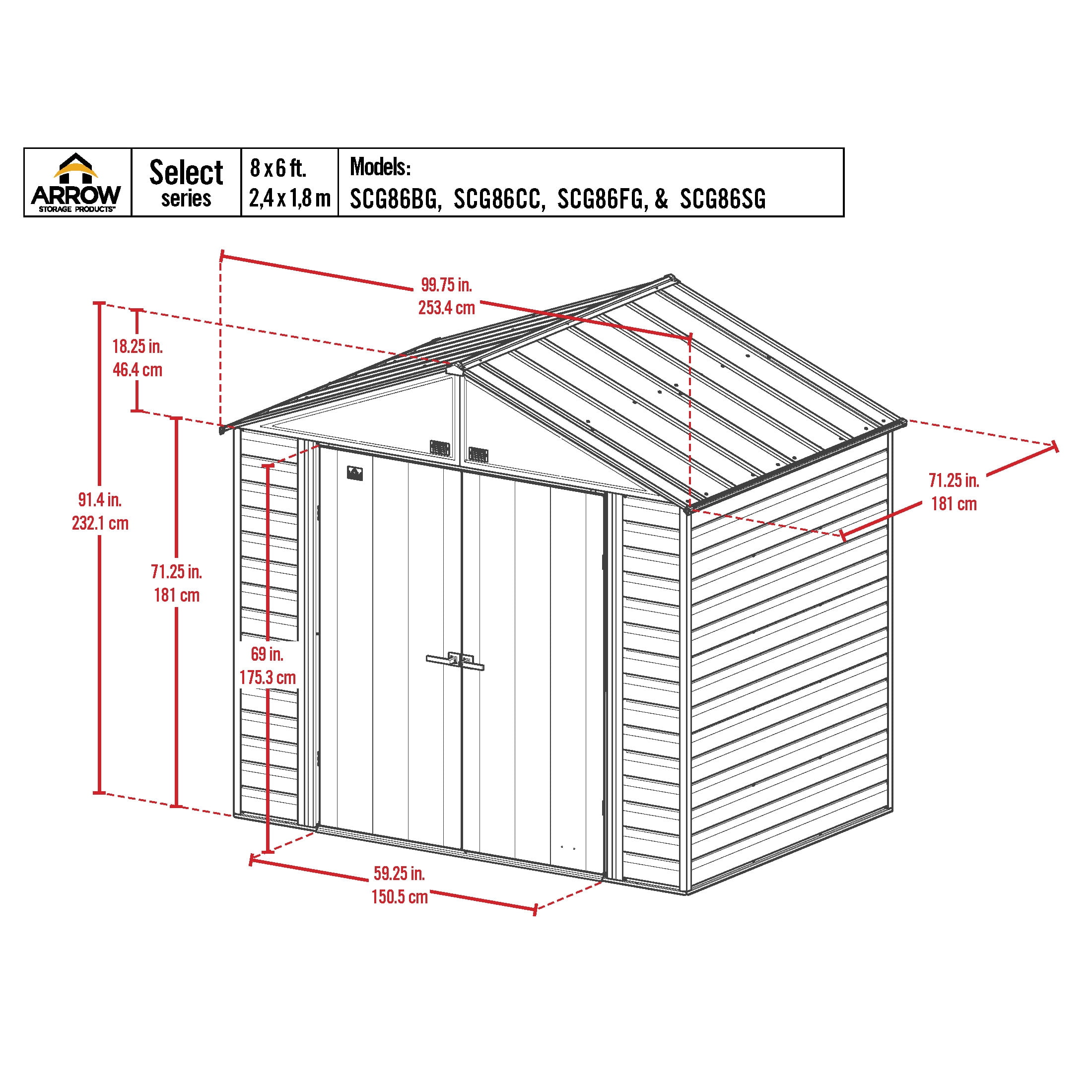 Arrow Select 8 x 6 x 8 ft Flute Grey Steel Storage Shed