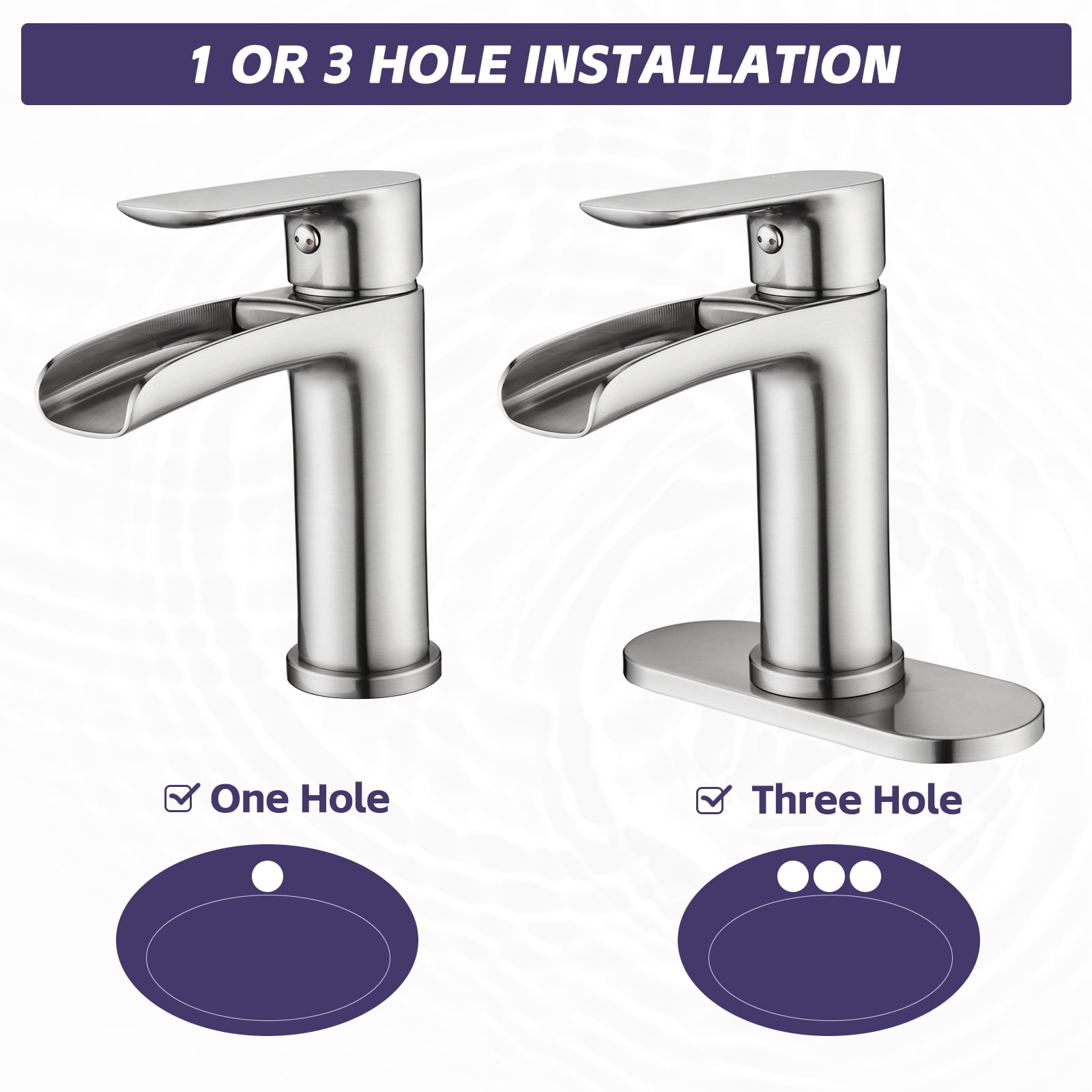 Waterfall Bathroom Faucet Single Handle Bathroom Sink Faucets 1 or 3 Hole Solid Vanity Faucet with Deck Plate & Overflow Pop Up Drain Brushed Nickel