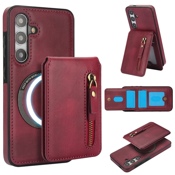 Magnetic Detachable Wallet Case For Samsung Galaxy S25, 2-in-1 Premium PU Leather Cover with Zipper Pocket Back Flip Card Holder Stand,Compatible with MagSafe Wireless Charging,Winered