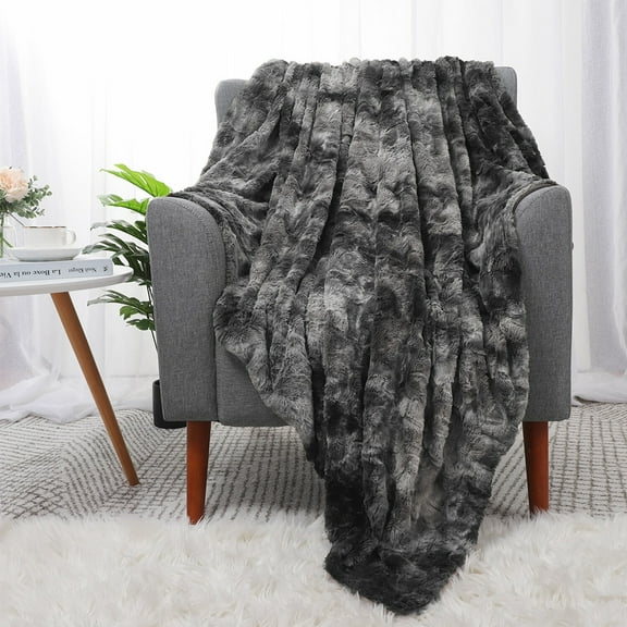 Luxury Faux Fur Throw Blanket - Soft Warm and Fluffy - Plush Throw Blankets for Couch Bed -  Black Throw (50" *60")