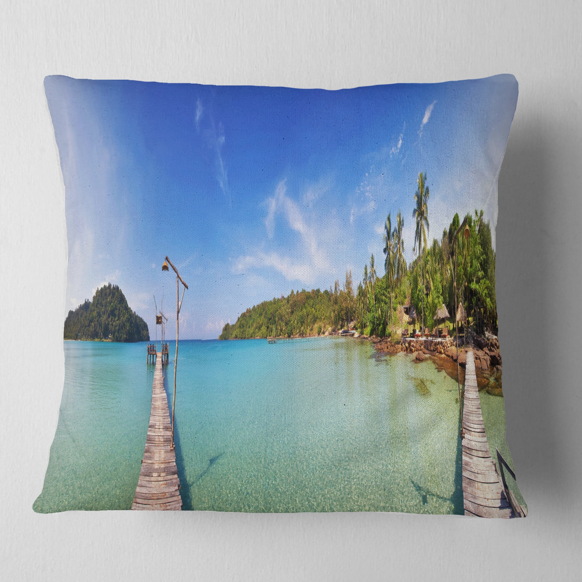 Designart Piers and Palm Trees on Island - Landscape Photography Throw Pillow - 18x18