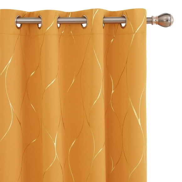 Deconovo Wave Printed Thermal Insulated Blackout Curtains, Room Darkening Energy Efficient Panel, Grommet Drapes for Bedroom (52W x 96L Inch, 2 Panels, Orange Flame)