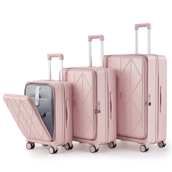 JERFIT 3-Piece Pink Expandable Hard Shell Luggage Set with TSA Lock, Spinner Wheels & Front Pocket, 20/24/28 Inch Lightweight Suitcases