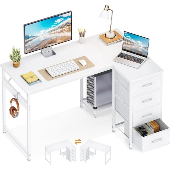 L Shaped Desk with 4 Drawers, 40" Small White Computer Desk with Storage, Reversible Kids Study Desk with CPU Stand & Hook, Corner Desk for Home Office