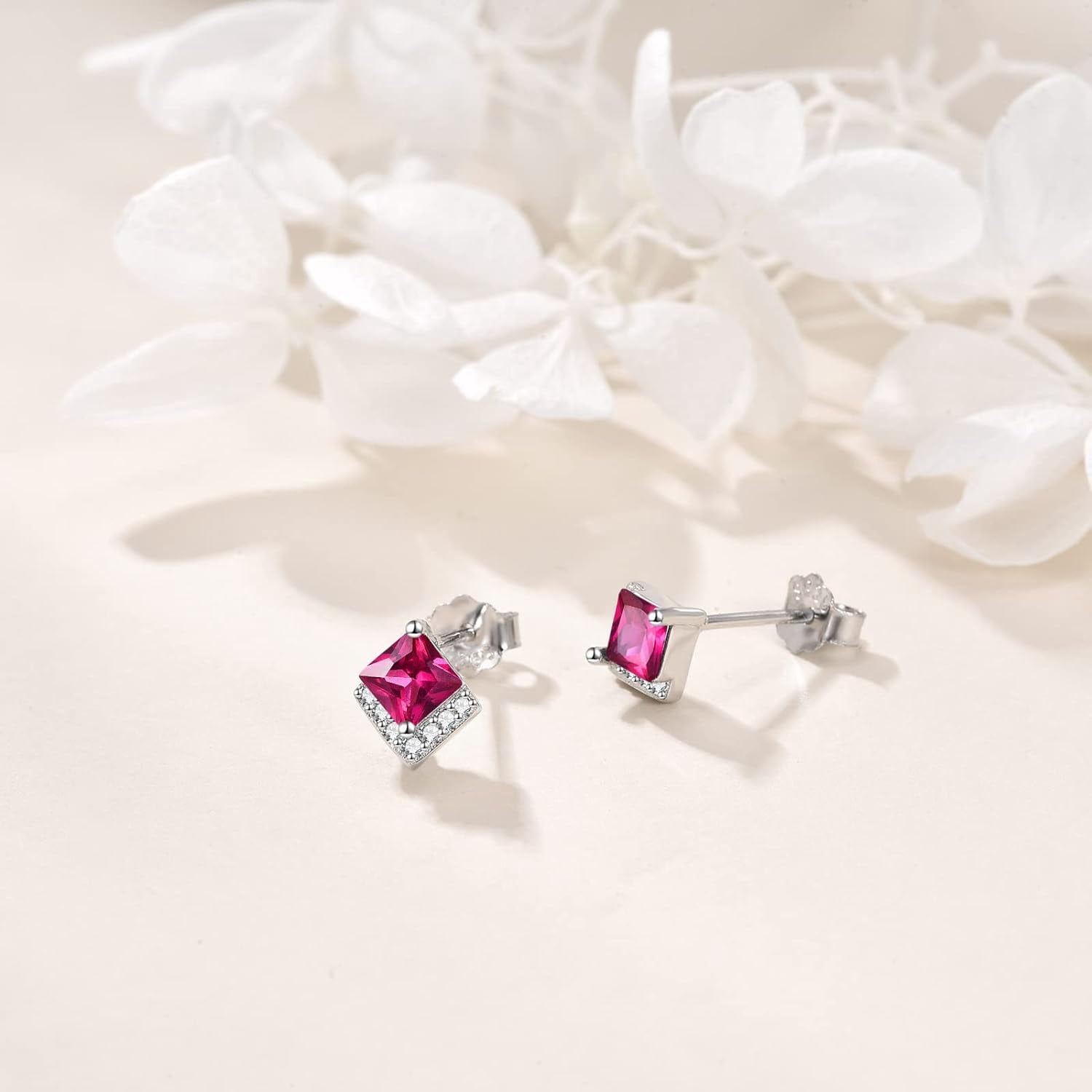 Birthstone Stud Earrings Sterling Silver Square Created Ruby Red Crystal July Earrings Cubic Zirconia Hypoallergenic Piercing Jewelry Small Gifts for Women Mothers