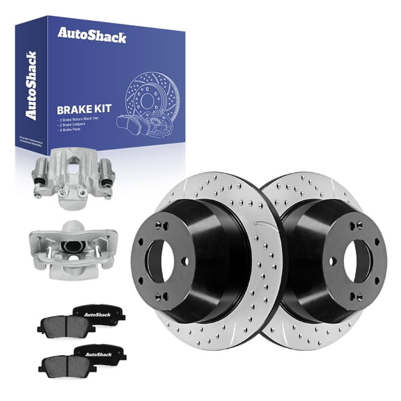 AutoShack Rear Solid Drilled & Slotted E-Coated Brake Rotors   Ceramic Pads   Calipers 8-PC Brake Kit Replacement for 2011-2013 Kia Sorento 2010-2012 Hyundai Santa Fe ShadowGuard 11.89" (302 mm)