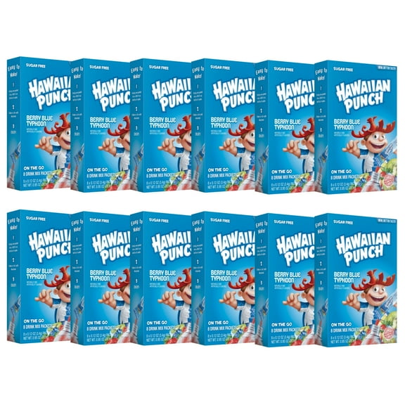 (12) Hawaiian Punch On the Go Powder Drink Mix Berry Blue Typhoon Water Enhancer for Kids Adults Snacks Home Lunch Office Beverages Summer Fun Outdoor Refreshing Drinks 8 Count &CUSTOM Storage Carrier