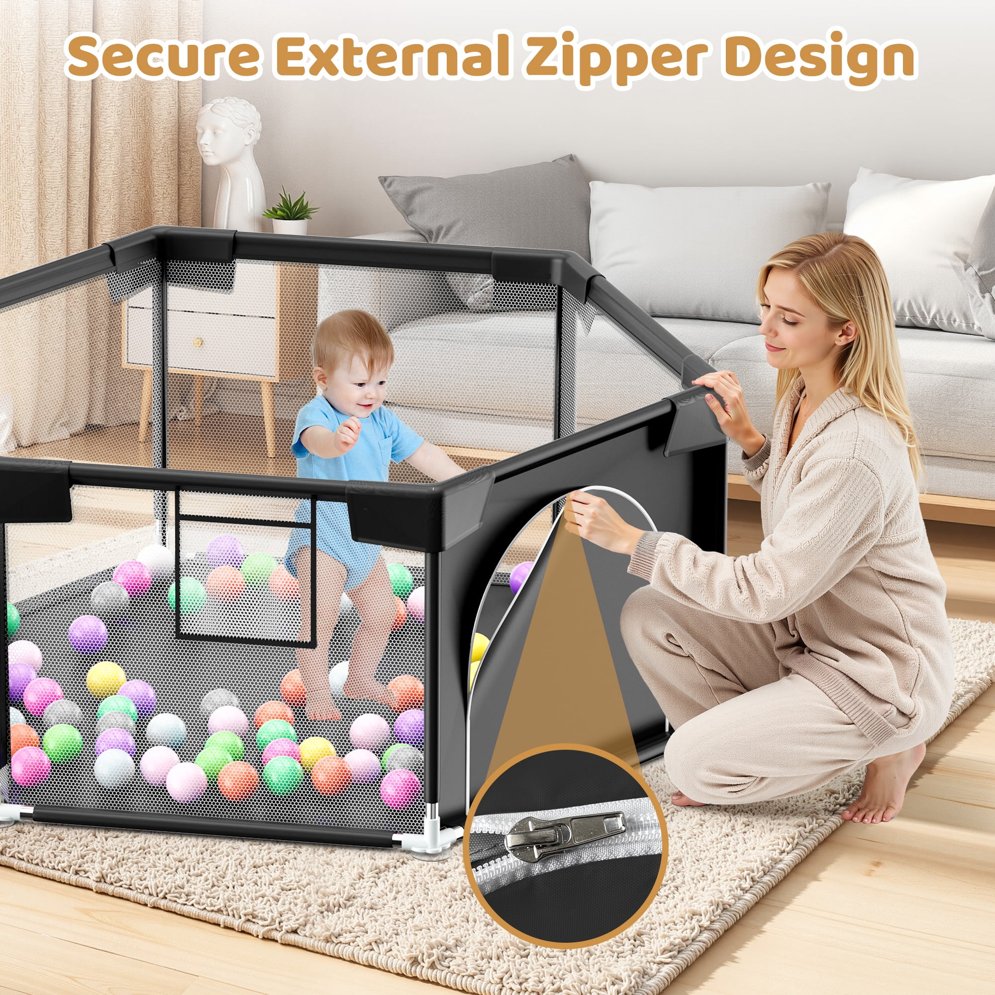 babyeap 50 Inch Baby Playpen,Fence Baby Play Yard for Indoors Outdoors,Hexagonal Toddler Playpen,Black