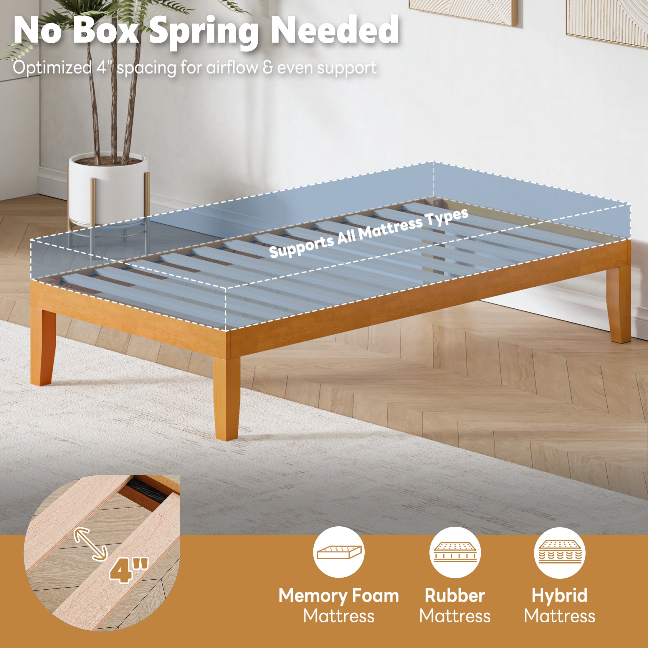 EDX 14 inch Twin Bed Frame, No Box Spring Needed, Wooden Platform Bed Frame Mattress Foundation with Support Slats, Natural Pine