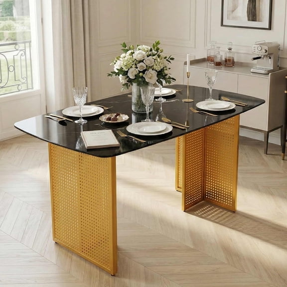 51-inch Modern Tempered Glass Dining Table for 6, Marble Pattern Gold Hollow-Out Metal Legs for Living Room and Home Offices(Table Only)