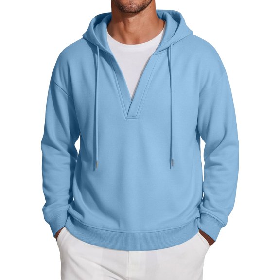 Men's Plus Size Deep V Neck Pullover Hoodie, Long Sleeve Loose Fit Drawstring Casual Athletic Sweatshirt with Ribbed Hem Light Blue