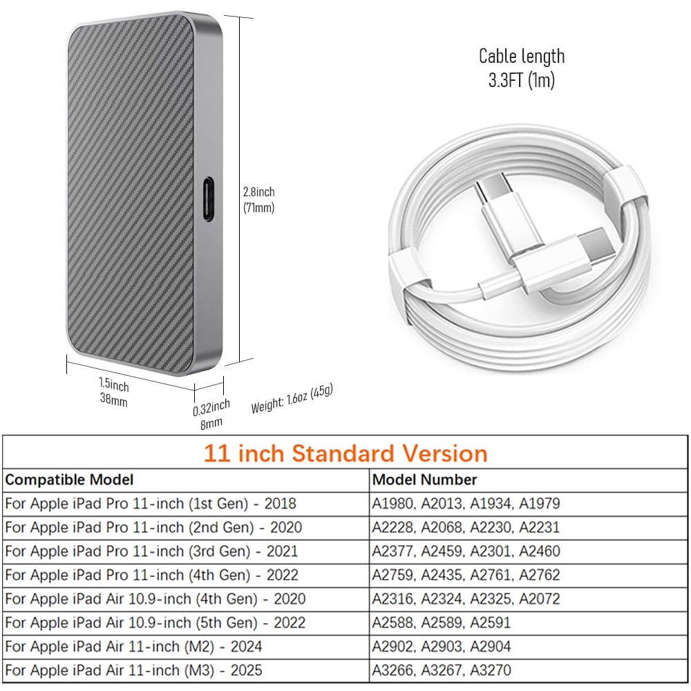 Magnetic Wireless Charger for iPad Pro 11-inch 1st/2nd/3rd/4th Gen, iPad Air 10.9-inch 4th/5th Gen, iPad Air 11-inch M2/M3 Smart Connector Charging