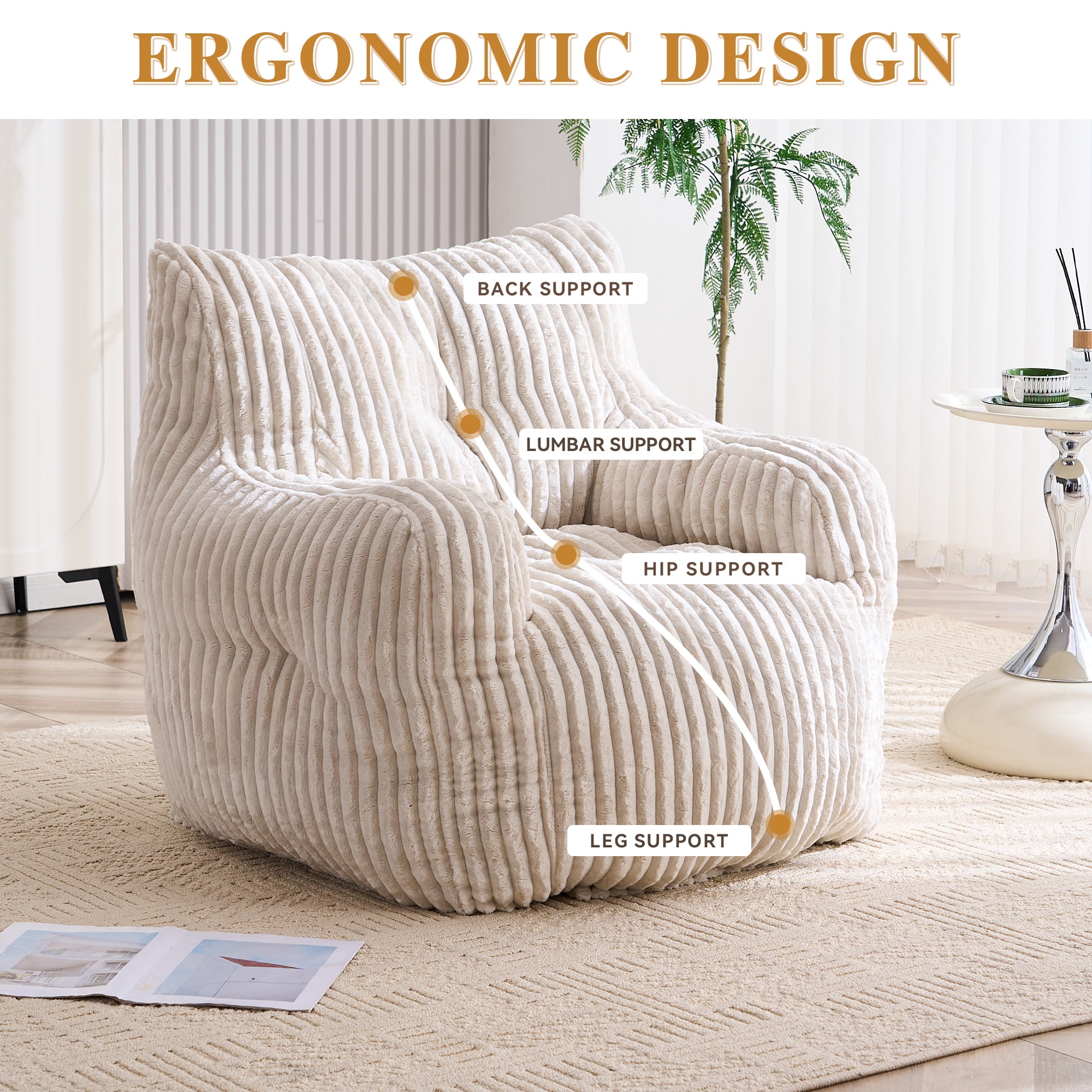 Bean Bag Chair with Filling BeanBag for Adults with Armrest Comfy Corduroy Fabric Lounge Lazy Floor Chair with Memory Foam Filler Fluffy Bean Bag for Dorm Living Room Bedroom Beige