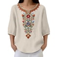 thumbnail image 4 of Favoffer Women's Washed Crinkle Linen Blend Shirt Boho Plus Size Embroidered Tunic 3/4 Sleeve V Neck Loose Peasant Top Elegant Summer Daily Travel Party Blouse, 4 of 7