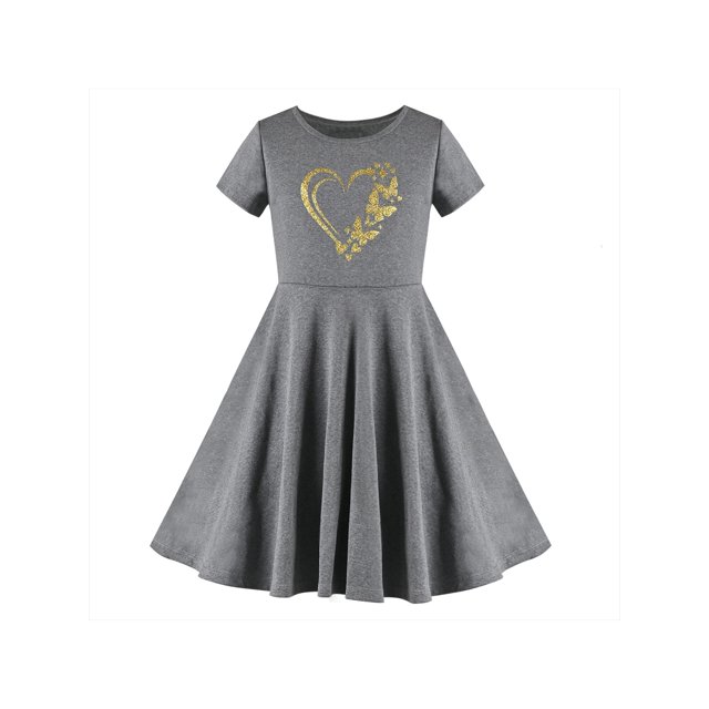 Robe Fille Grise Papillon Cœur Saint-Valentin Coton Doré 12 Ans