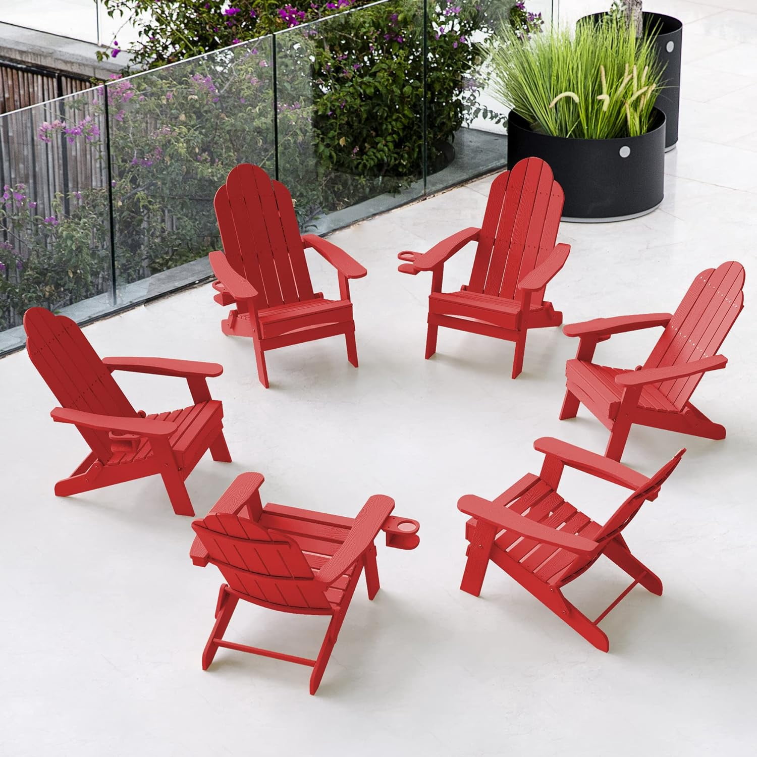 Dycanpo Folding Adirondack Chair Set of 6, Fire Pit Patio Garden Chair with Cup Holder, Bright Red
