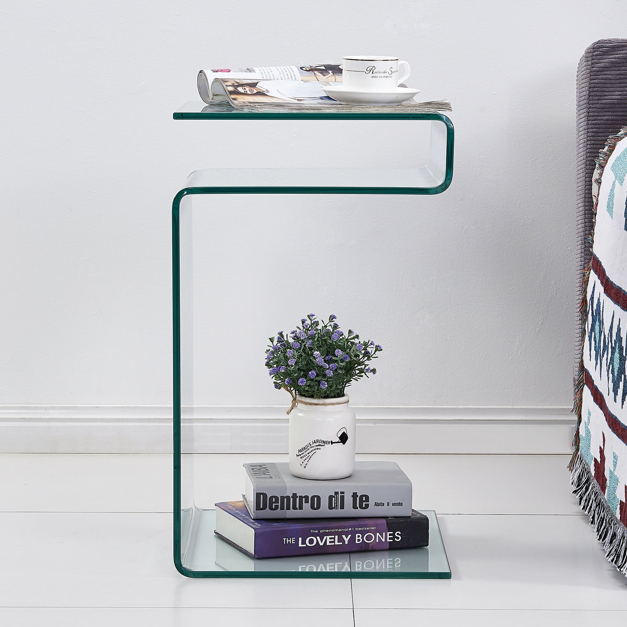 SMARTIK Clear Glass Nightstand, Modern Indoor S-Shape End Table, 16.55" x 14.56" x 24"