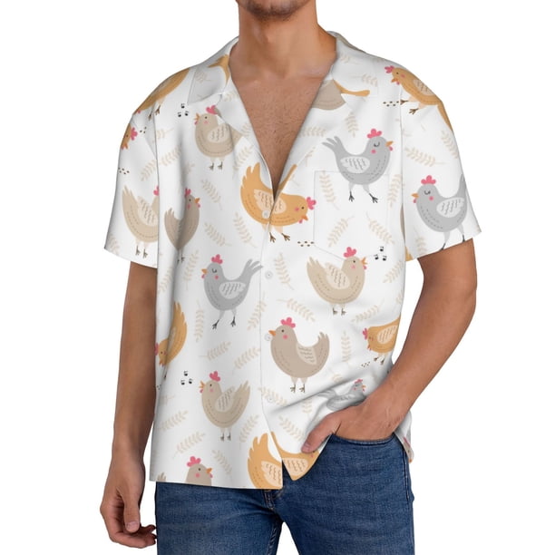 Fotbe Funny Chicken Camisa Estampada de Manga Corta para Hombre, Casual de Verano, Estilo Playero, Sin Arrugas-Large