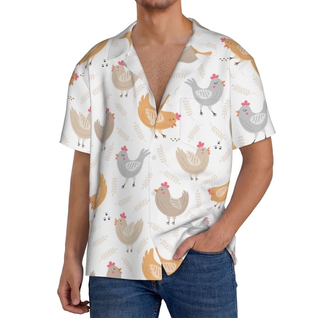 KLL Funny Chicken Print Men's Shirt Short Sleeve Button Down Summer Cuba Beach Shirts-X-Large