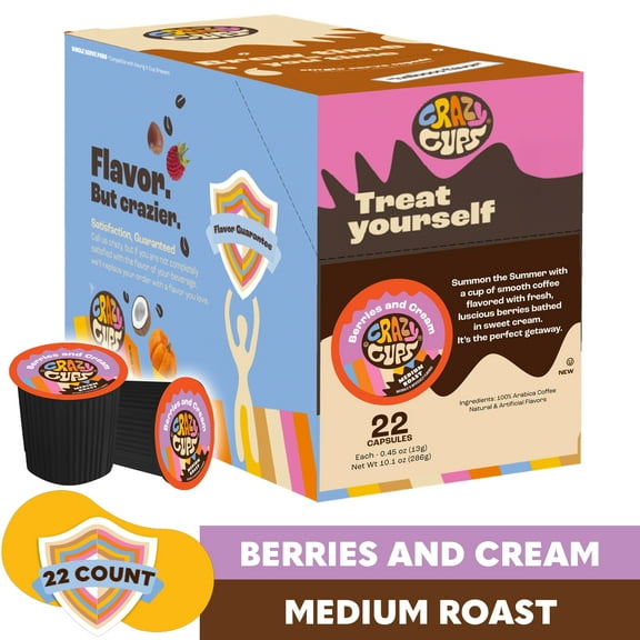 Crazy Cups Berries & Cream Coffee Pods, Medium Roast, 22 Count For Keurig K Cup Machines
