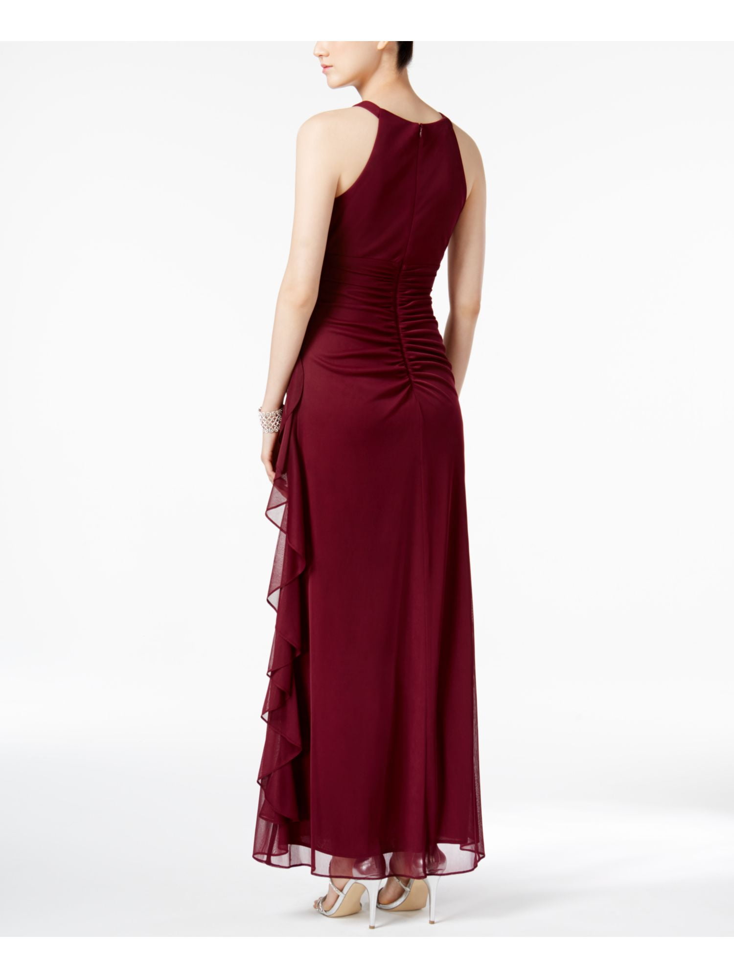 B&A BY BETSY & ADAM Womens Burgundy Ruffled Ruched Keyhole Sleeveless  Halter Full-Length Evening Dress 14