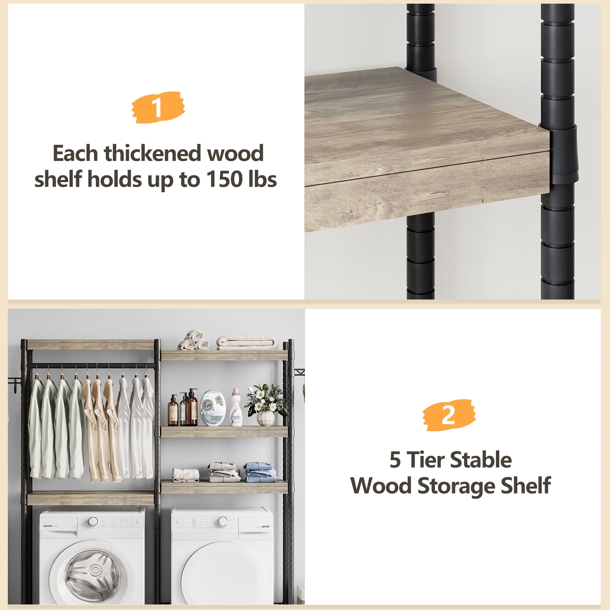 【送料無料】Laundry Wide Rack 2024 New 5-Tier Over-The-Washer Storage Shelf – Durable Wood