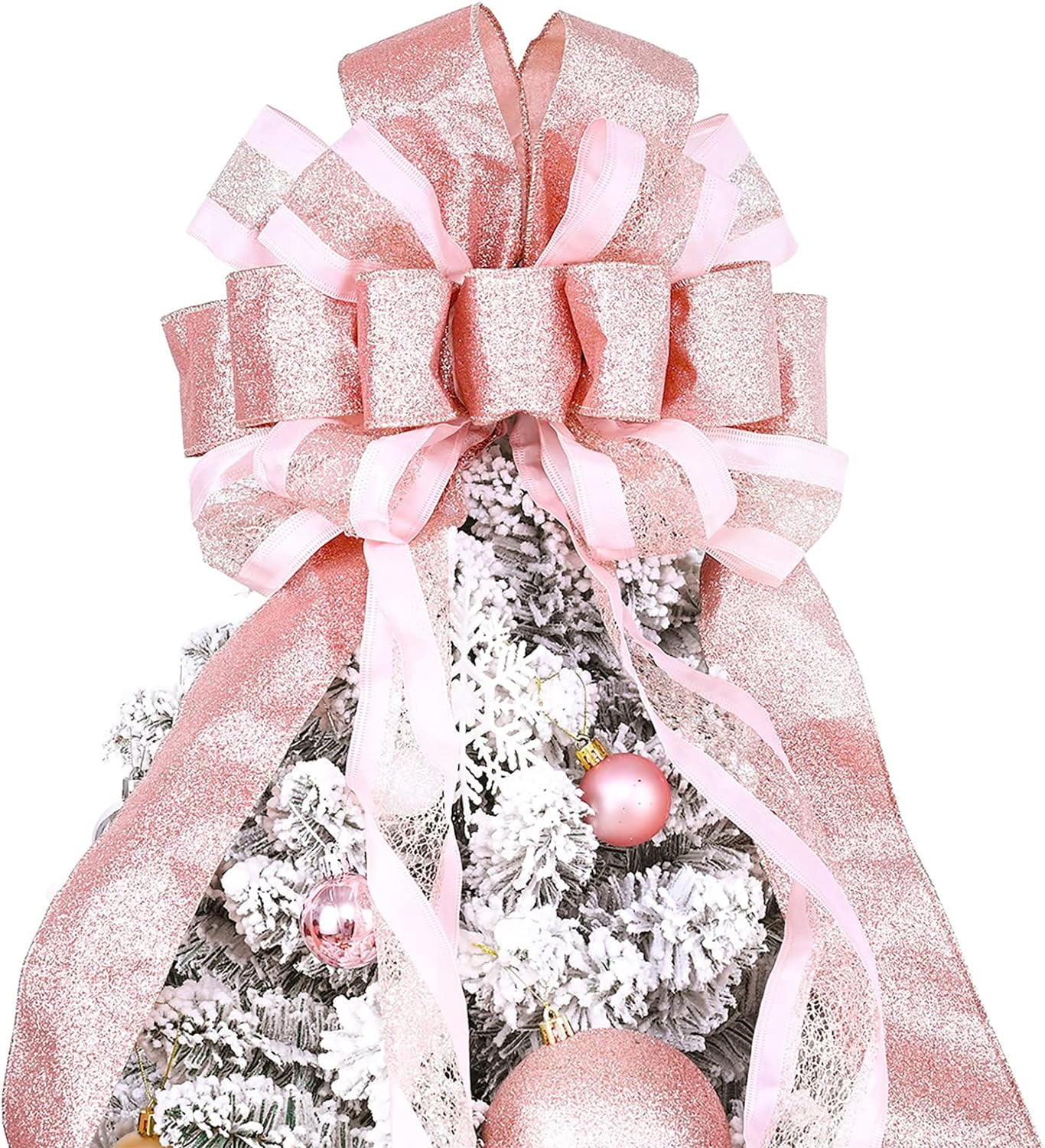 Christmas Tree Topper, 40x13 Inches Toppers Bow with Glitter Satin Mesh Streamer and Patterned Ribbon, Christmas Tree Topper Bow for Christmas Home Decoration (White Golden)