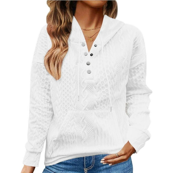 Womens Cable Knit Sweater Hoodies with Buttons Front Pocket Casual Loose Plain Pullover Drawstring Jumpers Tops (XL, White)
