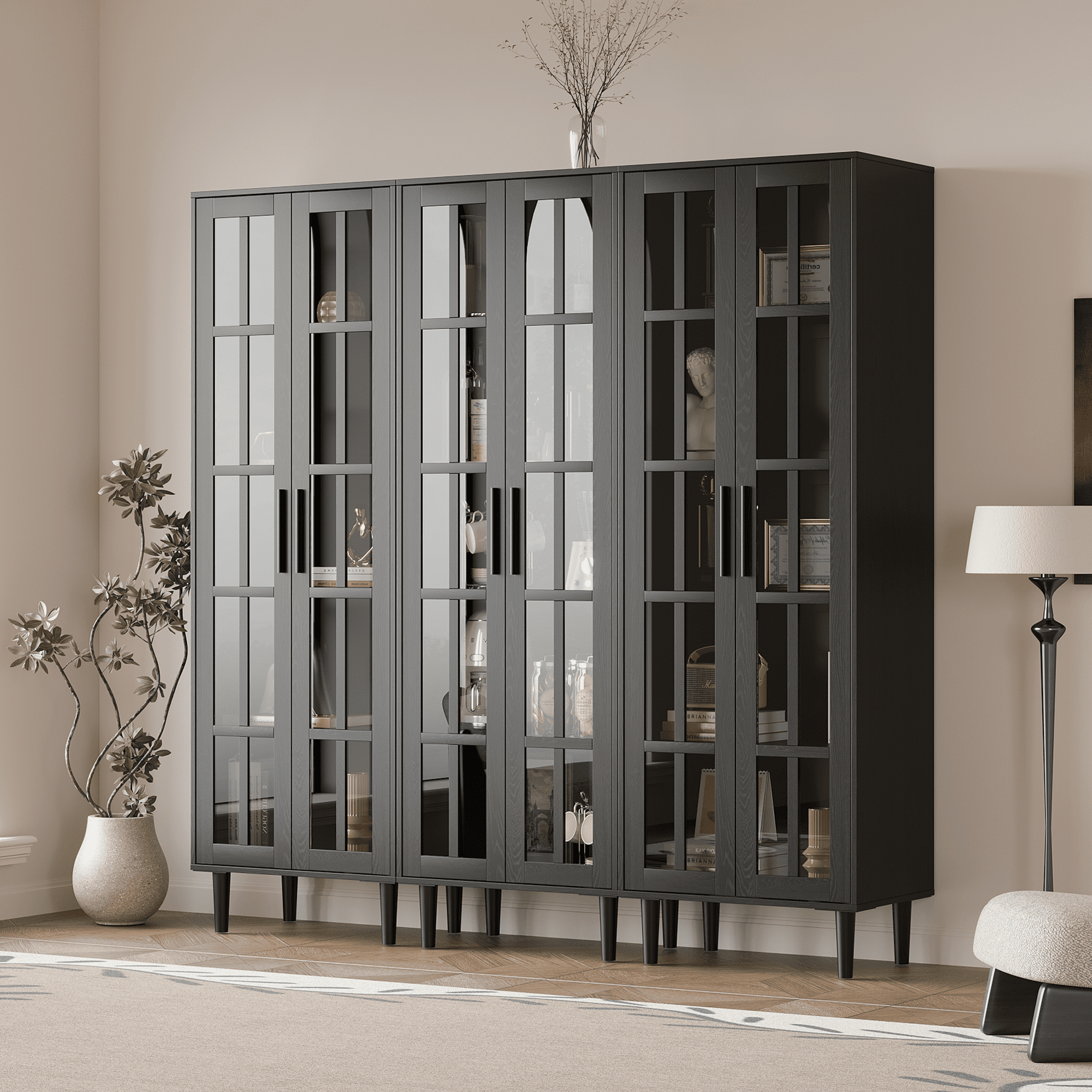 RichYa 71"H Tall Bookcase with Glass Door,2 Doors Display Bookshelf with Metal Legs,5 Tier Storage Cabinets for Living Room,Home Office,Black(A)
