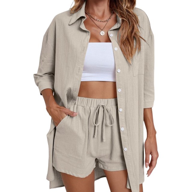 Conjunto De Top Y Shorts Conjuntos cortos de verano para mujer, pantalones cortos informales, traje de moda para uso diario (Beige XL) Cgtredaw Para estrenar