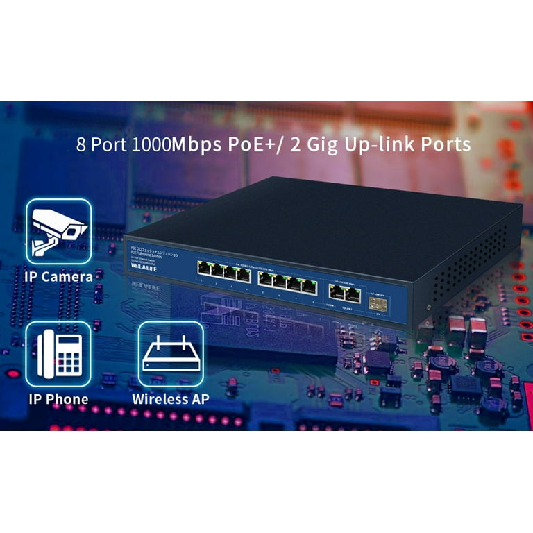 PoE Switch, 8 Port PoE Switch for IP Cameras with 2 Uplink Ports -  Unmanaged Smart Power Over Ethernet Switch with Metal Housing & Fanless  Design 