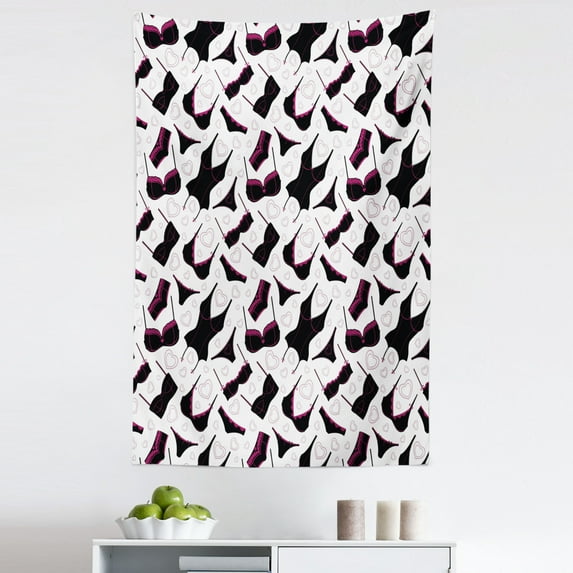 Retro Tapestry, Lingerie Pattern Brassiere and Panties with Hearts Women`s Fashion Underwear, Fabric Wall Hanging Decor for Bedroom Living Room Dorm, 5 Sizes, Black Fuchsia White, by Ambesonne