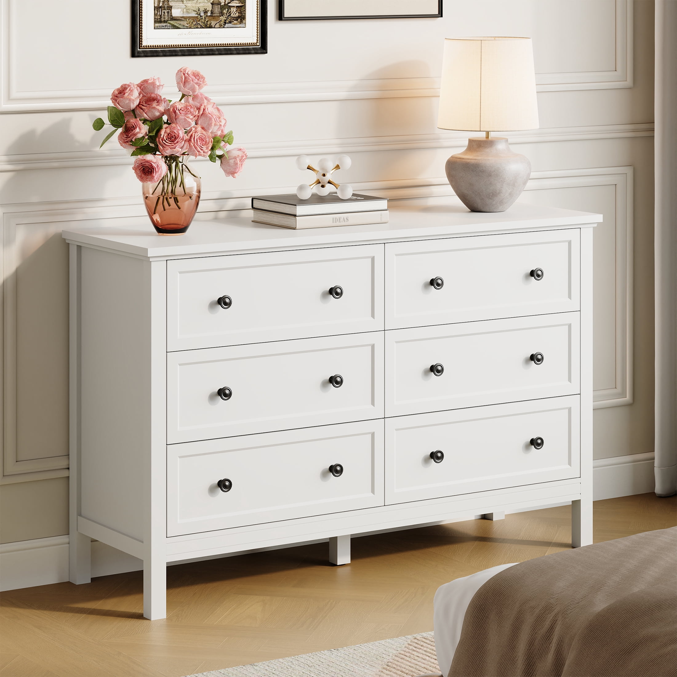 YouTrend White Dresser with 6 Drawer for Bedroom,Traditional Adult Chest of Drawers with Golden Handles for Living Room,Hallway